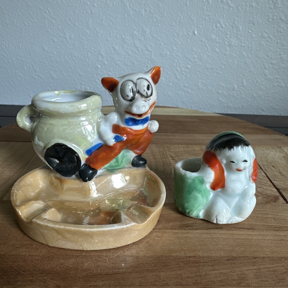 VTG Porcelain Ashtray Toothpick Anthropomorphic Pig Japanese Figurine 2 Item Lot